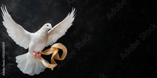 Fototapeta White dove flying with golden ribbon on black background