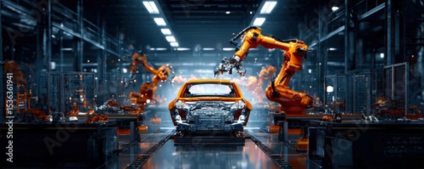 Obraz Explore the cutting-edge world of automated car manufacturing, where robotic arms expertly construct vehicles in a high-tech factory setting, showcasing innovation and efficiency in production.