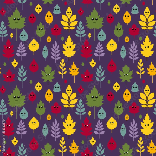 Fototapeta Seamless vector pattern of autumn leaves from different trees with cute cartoon eyes and funny faces. Includes oak, maple, birch, chestnut and ash leaves. Flat kawaii style, bright colors, isolated on