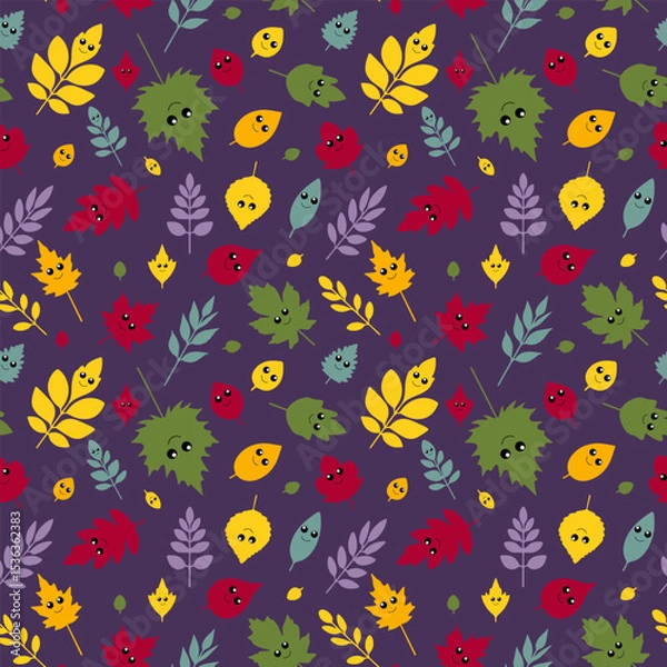 Fototapeta Seamless vector pattern of autumn leaves from different trees with cute cartoon eyes and funny faces. Includes oak, maple, birch, chestnut and ash leaves. Flat kawaii style, bright colors, isolated on