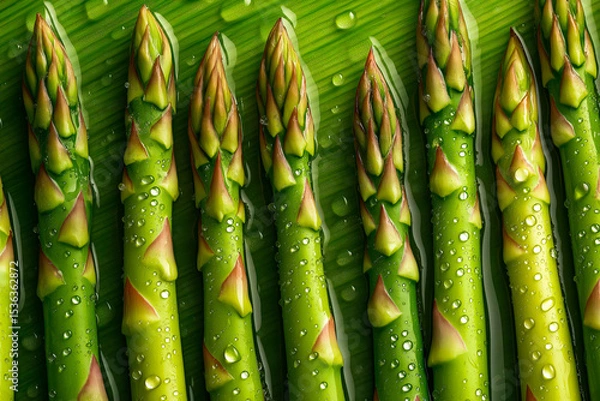 Fototapeta Fresh asparagus spears with water drops on green surface