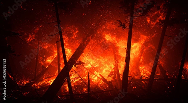 Fototapeta An intense abstract visualization of forest wildfires. Burning reds and jagged forms create a sense of destruction and heat.