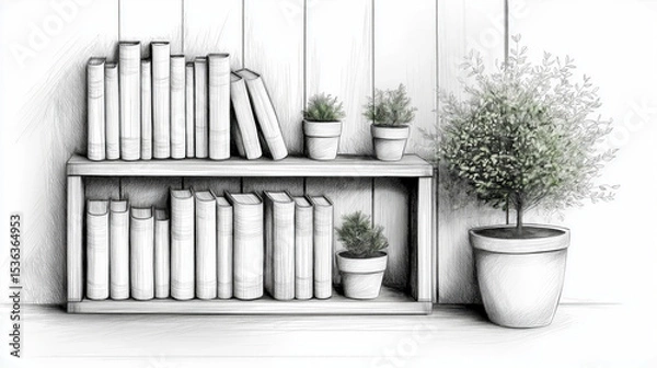 Fototapeta Sketch of bookshelf with books and potted plants