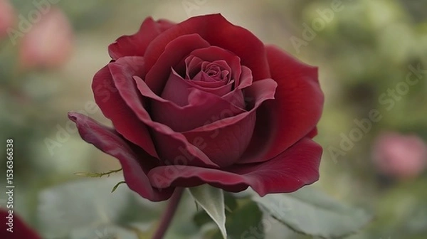 Fototapeta Close-up of a deep red rose with intricate petal details and a softly blurred background