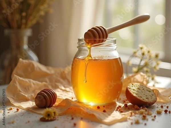 Obraz Golden Honey Flatlay with Dipper and Crumbs: Flatlay of golden honey in a glass jar with a wooden dipper, honey drizzle on crumbs and parchment paper, captured in soft morning light.
