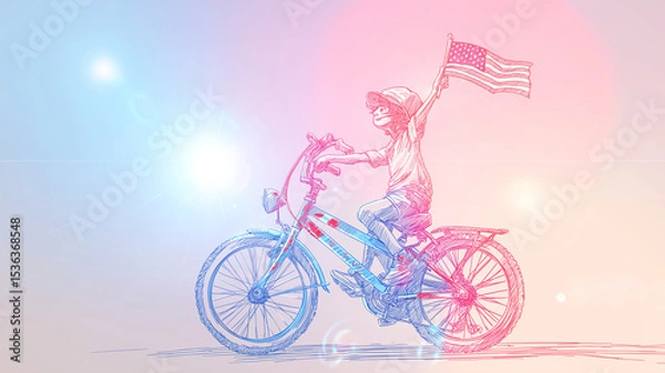 Fototapeta Soft-color gradient illustration of boy waving USA flags with joy