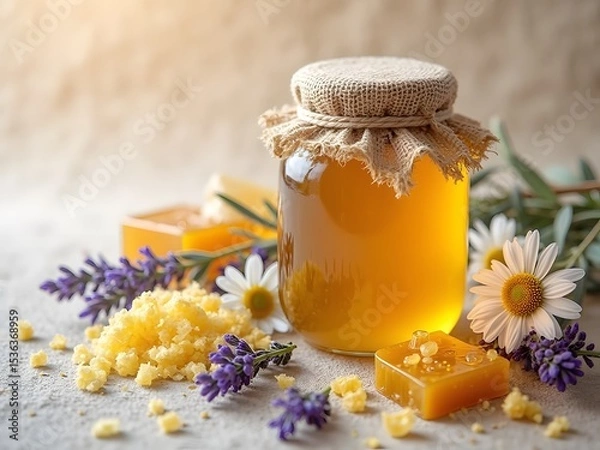 Obraz Flatlay of Honey Jar with Beeswax and Dried Flowers: Flatlay composition with a jar of raw honey, pieces of beeswax, dried chamomile and lavender flowers, styled with natural textures and soft shadows