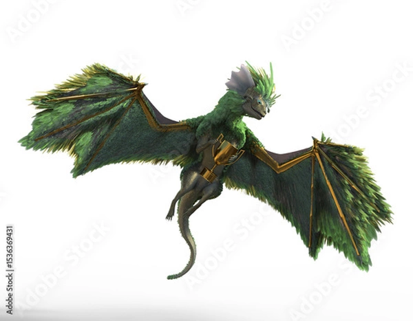 Obraz A cute green fluffy dragon in full flight, holding a winner's trophy. 3D illustration on transparent background. 