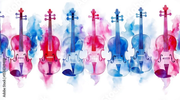 Fototapeta Artistic arrangement of violins in geometric colorful patterns