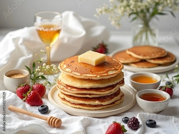 Obraz Flatlay of Pancakes with Honey and Syrup Options: Flatlay of stacked pancakes surrounded by small bowls of honey, maple syrup, and fruit syrup on a white linen background for a sweet brunch scene.