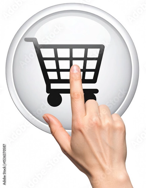 Obraz Hand reaching to click on a shopping cart icon symbolizing the start of an online shopping process in a digital environment isolate on transparent background