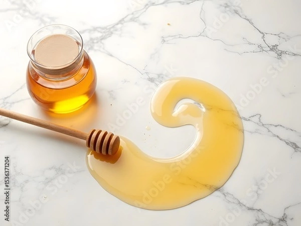 Obraz Minimalist Flatlay of Honey Drizzle on Marble: Minimalist flatlay showing a clean marble surface with a stream of honey drizzled in a swirl shape, glass honey jar and dipper beside.