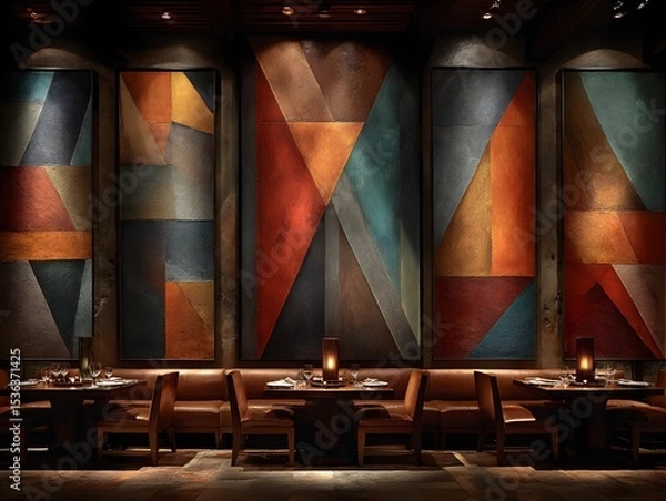Fototapeta Modern restaurant features stunning abstract art panels above leather seating and elegant dining tables lit softly.