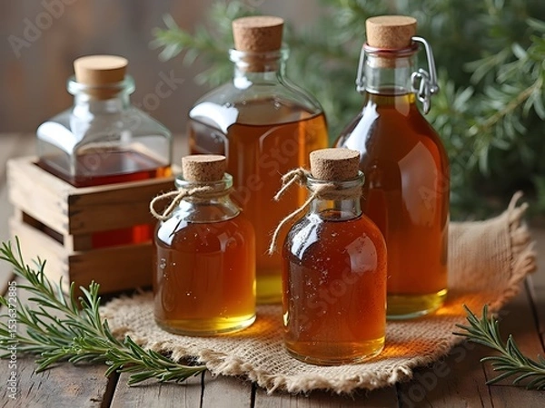 Obraz Flatlay of Vintage Honey Bottles and Wooden Crates: Flatlay featuring vintage glass bottles of honey and syrup placed in small wooden crates, styled with burlap, and herbs.