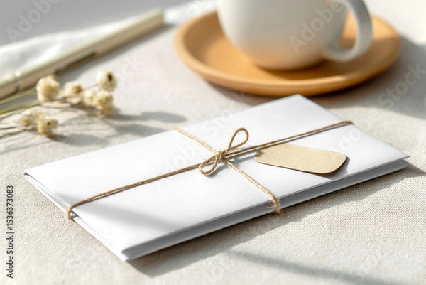 Obraz Flat-lay of a luxury gift mockup envelope wrapped in soft textured handmade paper. Concept of mockup gift