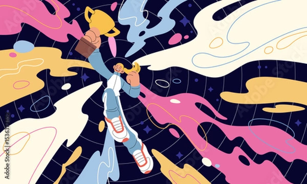 Obraz Recognition of people. Concept award employee. Achievement of human. Personal success, triumph myself. Idea psychology. Flying in space woman hold golden cup. Vector cartoon flat isolated illustration