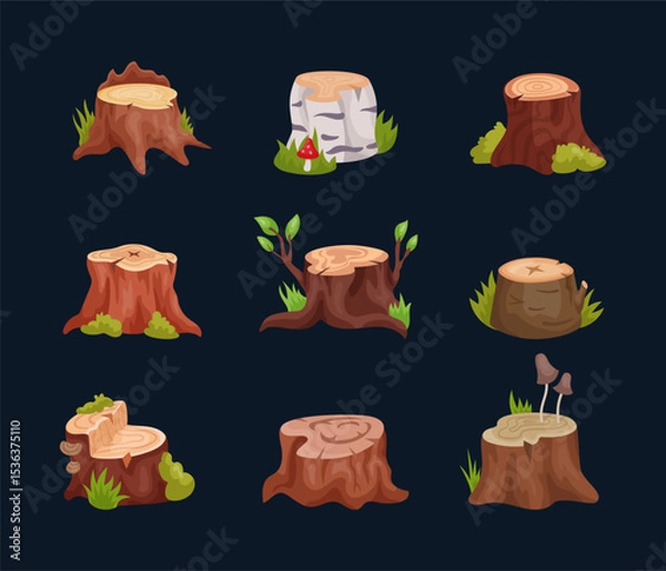 Obraz Tree stump. Wood cartoon textures. Birch and oak log cuts. Forest element. Nature wooden material. Icon game. Empty landscape timber. Pine trunk with mushroom and moss. Vector illustration tidy set