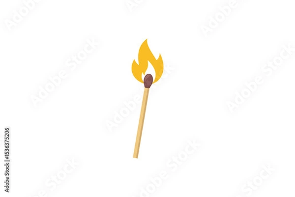 Fototapeta A Single Wooden Matchstick With A Red Head Bursts Into Flame Isolated On A White Background