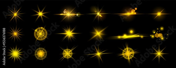 Obraz Star gold, twinkle light. Golden sparkle effect, shiny glitter, sun rays, abstract explosion flare. Abstract magic flash, sunlight beam. Bright design for party. Vector decoration background set