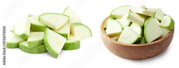 Obraz sliced zucchini or marrow in wooden bowl isolated on white background. clipping path