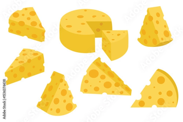 Fototapeta Cheerful Cheese Wedges And Round Depicting Culinary Delight Flat Vector Illustrationisolated
