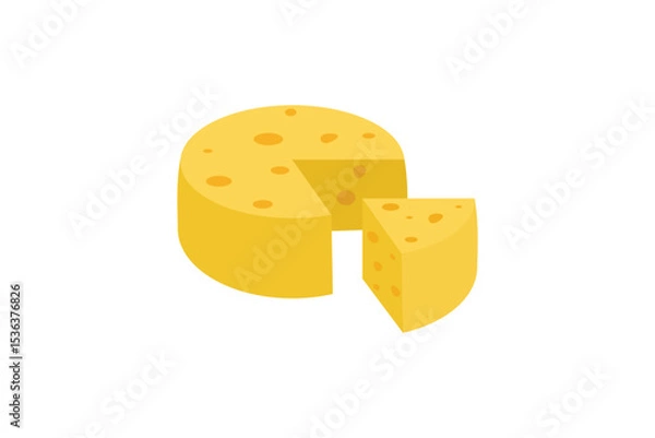 Fototapeta Simple Flat Vector Illustration Showing Yellow Cheese Wheel With Cut Slices on White Background