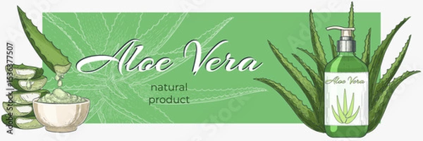 Obraz Spa poster. Aloe vera hand drawn isolated element. Plant sketch of green leaves. Cosmetic medicine gel. Retro herbs, health beauty. Soap in bottle. Advertising banner. Vector watercolor background