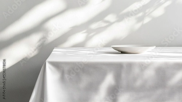 Obraz A table covered with a white tablecloth with empty plates on it