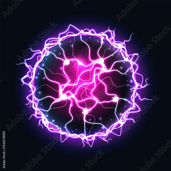 Obraz Ball lightning energy. Electric circle. Effect burst magic power. Sphere light. Explosion core with neon spark. Purple glow flash. Abstract thunder bolt. Illuminated plasma blast. Vector shine element