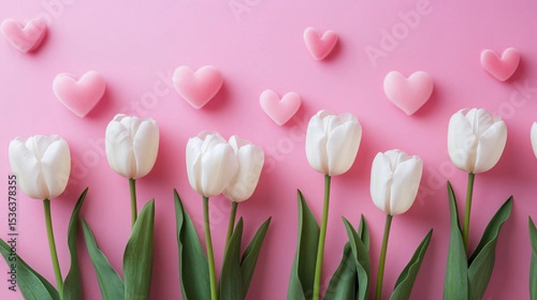Fototapeta A bouquet of white tulips with a pink heart as a backdrop, arranged to look like they are embracing each other.