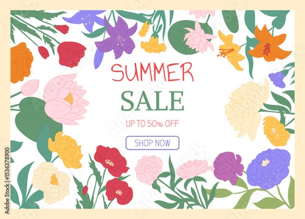Obraz Summer sale banner. Different flowers background. Frame with wildflowers. Spring discount design. Floral decorative advertising. Colorful bouquets. Vector cartoon flat style isolated illustration