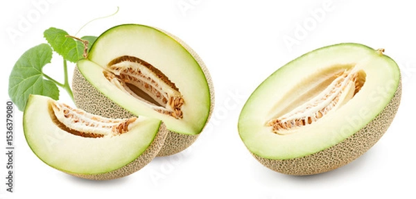 Obraz sliced melon with green leaves isolated on white background. fresh melon. clipping path