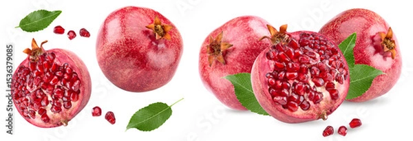 Obraz piece of pomegranate with seeds and green leaves isolated on a white background. clipping path