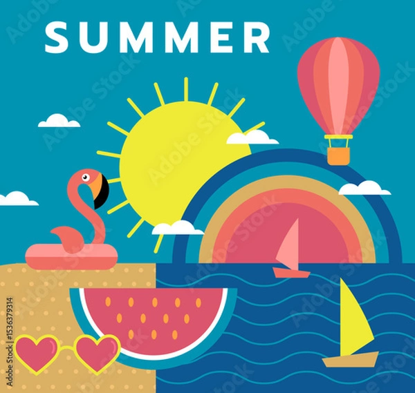 Obraz Summer travel. Ocean beach, sun in blue sky, flamingo toy, yacht in sea. Resort vacation. Summertime geometric elements, card design. Vector cartoon flat style isolated on background illustration