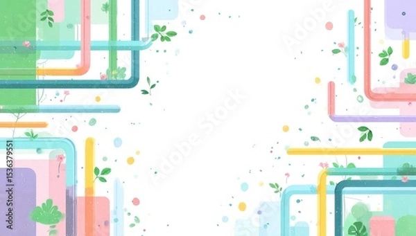 Fototapeta Pastel-colored geometric shapes and foliage border a white background, scattered with small dots and speckles