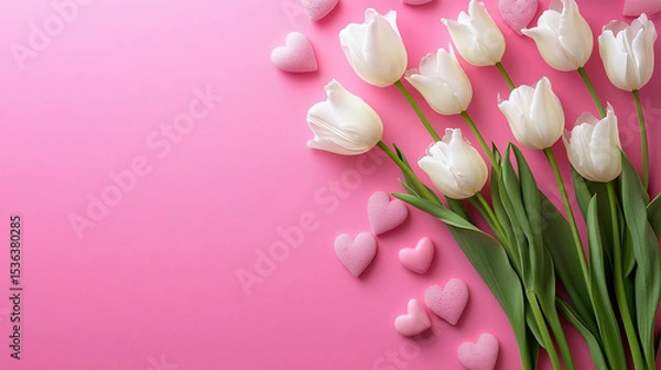 Fototapeta A bouquet of white tulips with a pink heart as a backdrop, arranged to look like they are embracing each other.