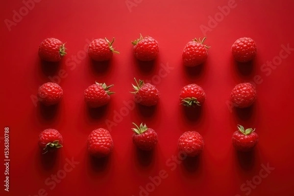 Fototapeta Fifteen fresh raspberries are neatly arranged on a vibrant, solid red background. Showcase healthy eating, dessert, or a visually striking design element.
