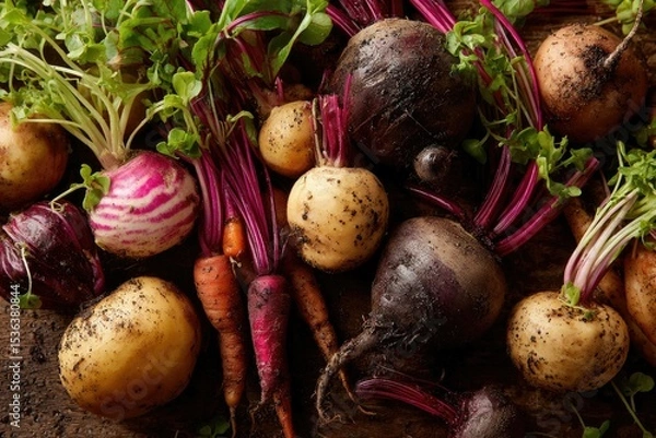 Obraz Top-down view of assorted root vegetables and vibrant red-veined microgreens