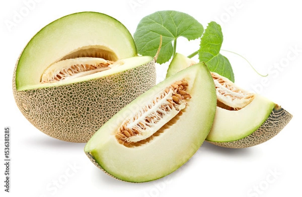Obraz sliced melon with green leaves isolated on white background. fresh melon. clipping path
