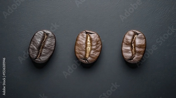 Fototapeta Three roasted coffee beans lie on a textured, dark gray surface. Use for coffee branding, product mockups, or related advertising.