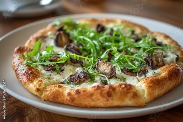 Obraz Truffle mushroom pizza with white sauce and arugula