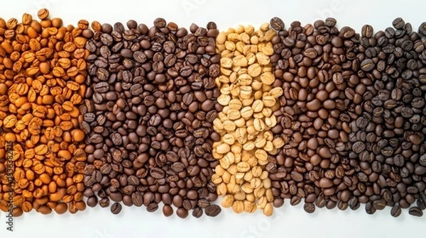 Fototapeta Rows of roasted coffee beans show a gradation of roasting levels. Illustrate the coffee roasting process or bean quality control easily.