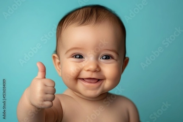 Obraz Cute baby gives a thumbs up with bright blue studio backdrop. Ideal for illustrating approval, happiness, or positive concepts.