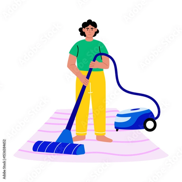 Fototapeta Flat illustration showing a person cleaning with a vacuuming machine