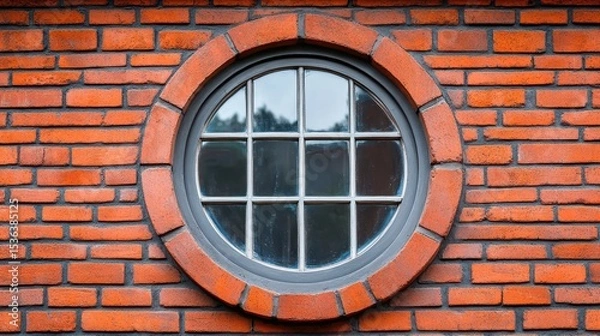 Fototapeta A round window set in a brick wall shows nature. Use this for architecture, design, or historical themed projects.