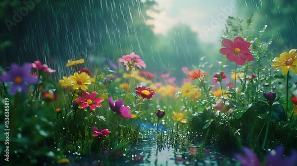Fototapeta Colorful flowers glisten with raindrops in vibrant garden during gentle rainfall moment high resolution picture