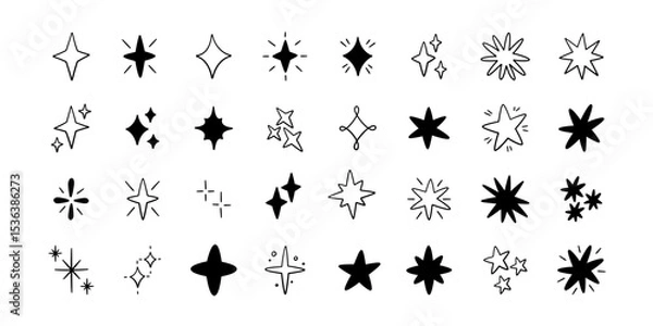 Obraz Doodle glitter twinkle star icons set. Hand drawn shine star burst symbol. Sketch magic blink collection. Doodle spark shape icons. Vector illustration on white background.