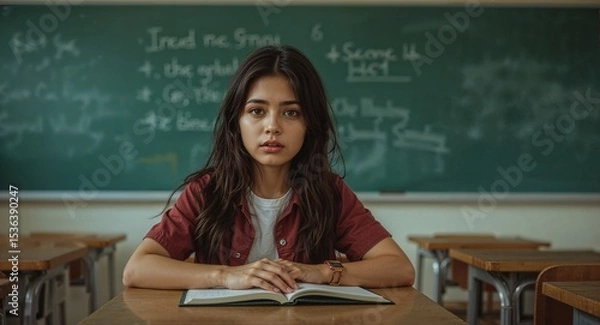 Obraz teenage filipino girl in retro classroom with chalkboard looking curious