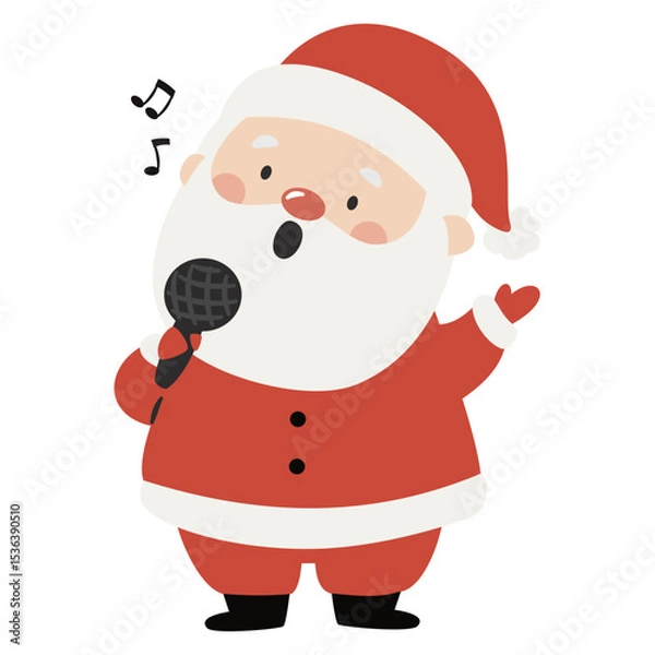 Obraz Cute Santa Claus singing into a microphone. Flat vector illustration on white background in simple child style. Vector illustration