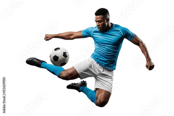 Fototapeta Soccer Player in Action, Dynamic Kick with Ball on Black